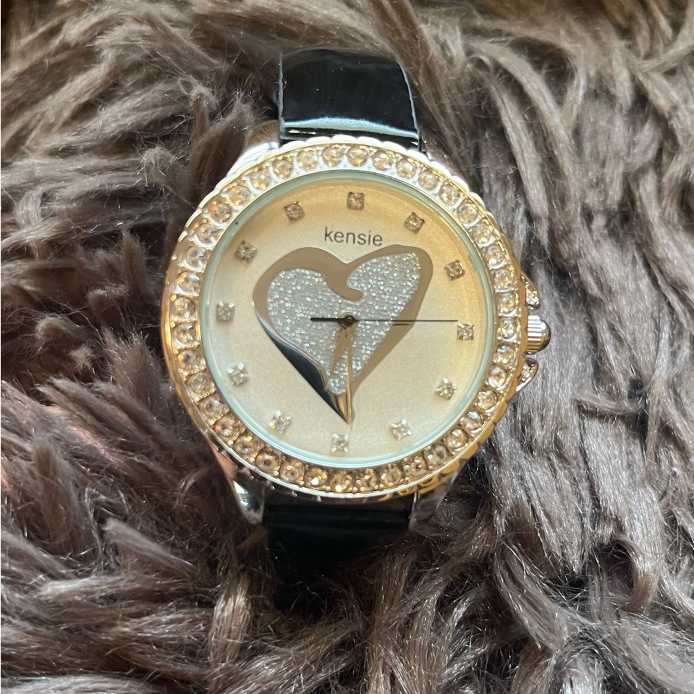 Kensie Silver Glitter Heart Women’s Watch Black Patent Band Jeweled Round Face